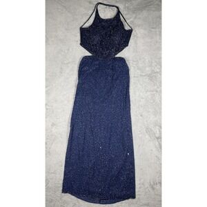 SEAN COLLECTION Dress Womens XL Blue Silk Beaded Chiffon Halter One-Piece Formal